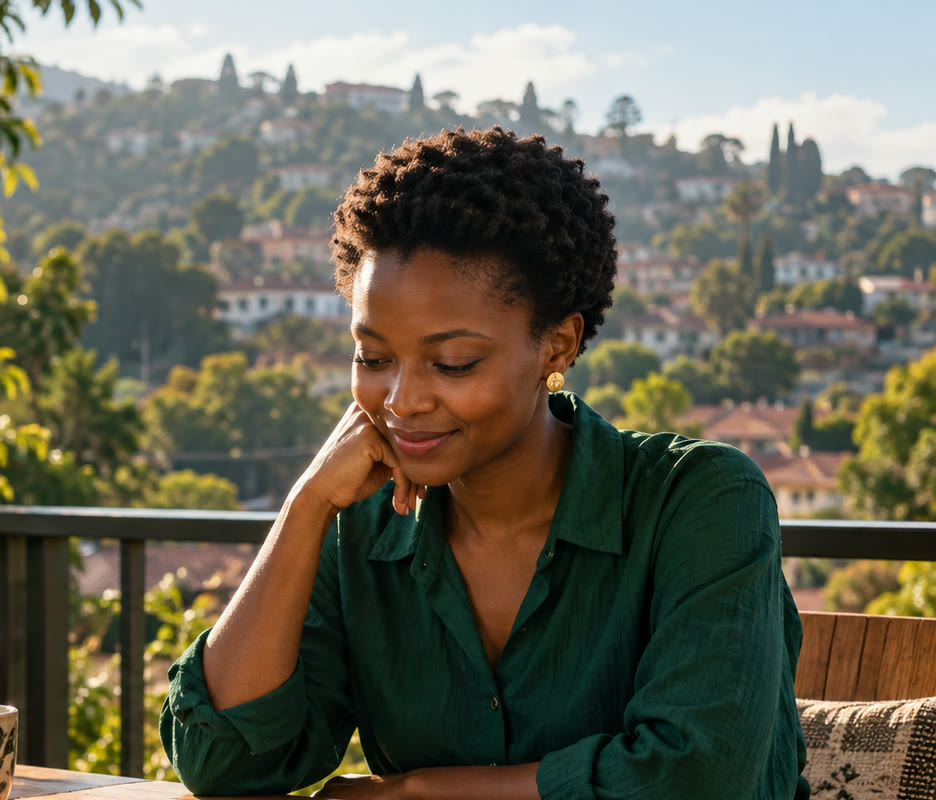 A woman smiling at her phone on a sunny balcony above Kigali